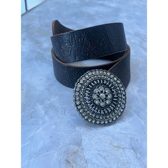 Vintage Fossil Size M Belt Embossed Leather Silver Metal Rhinestone Buckle main image 14